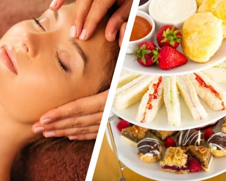 Split photo of woman having a spa facial and an afternoon tea at the oxfordshire hotel
