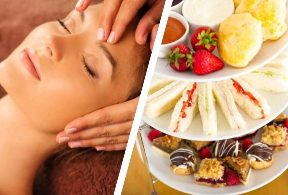 Split photo of woman having a spa facial and an afternoon tea at the oxfordshire hotel
