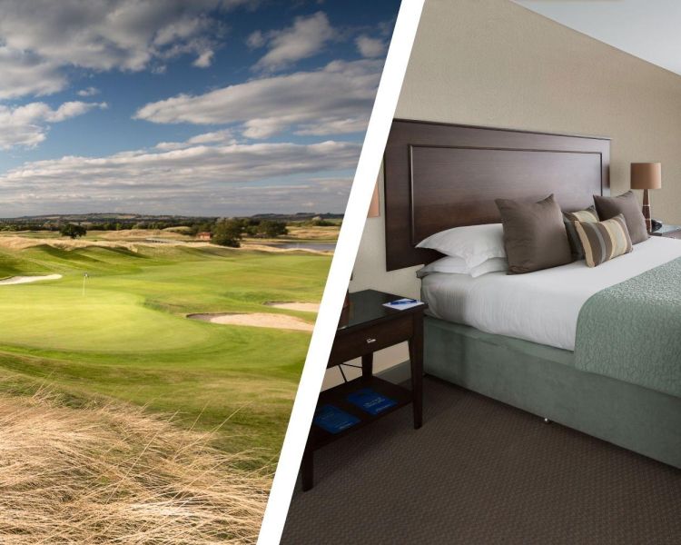 Split photo of golf course and double bedroom at the oxfordshire hotel