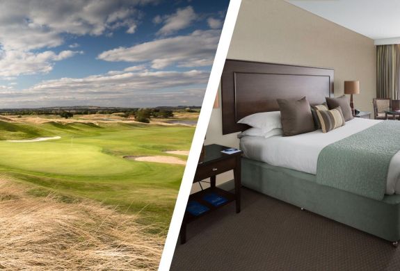 Split photo of golf course and double bedroom at the oxfordshire hotel