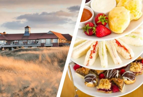 Split photo of the oxfordshire hotel and an afternoon tea
