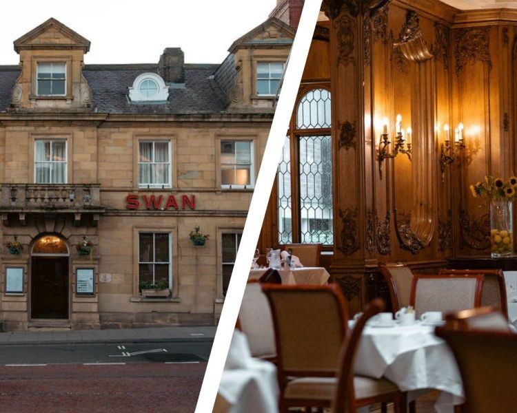 Split photo of the front of the white swan hotel and its period dining room