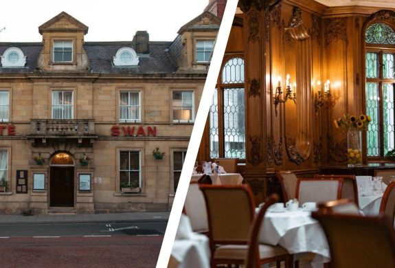 Split photo of the front of the white swan hotel and its period dining room