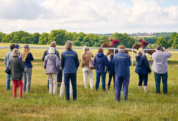 Tour group and guides watching horses at gallops at newmarket