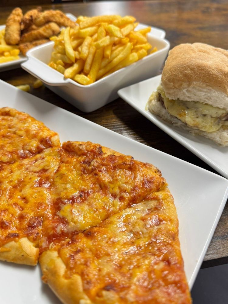 Pizza burger and fries