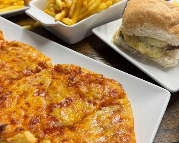 Pizza burger and fries