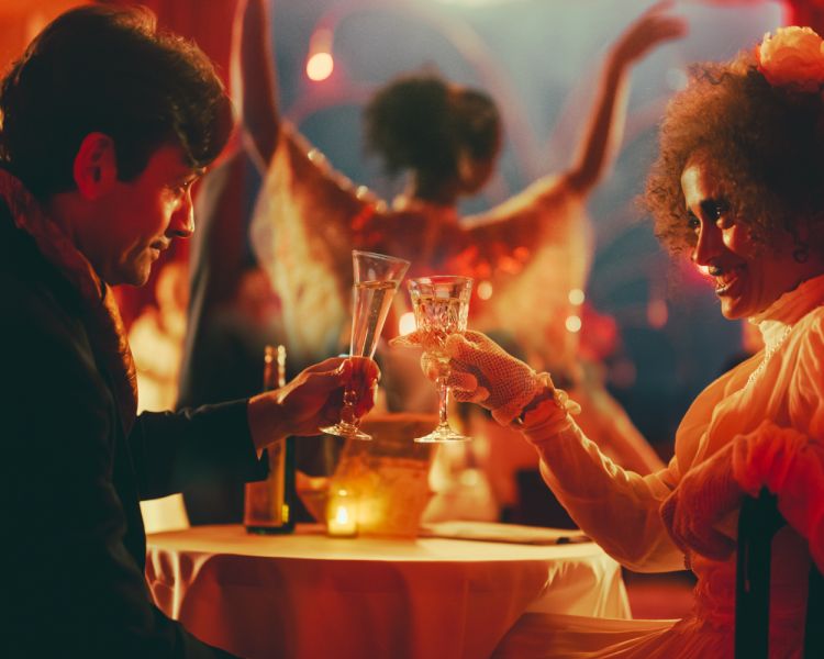couple drinking champagne at table at chat noir immersive dining experience in london