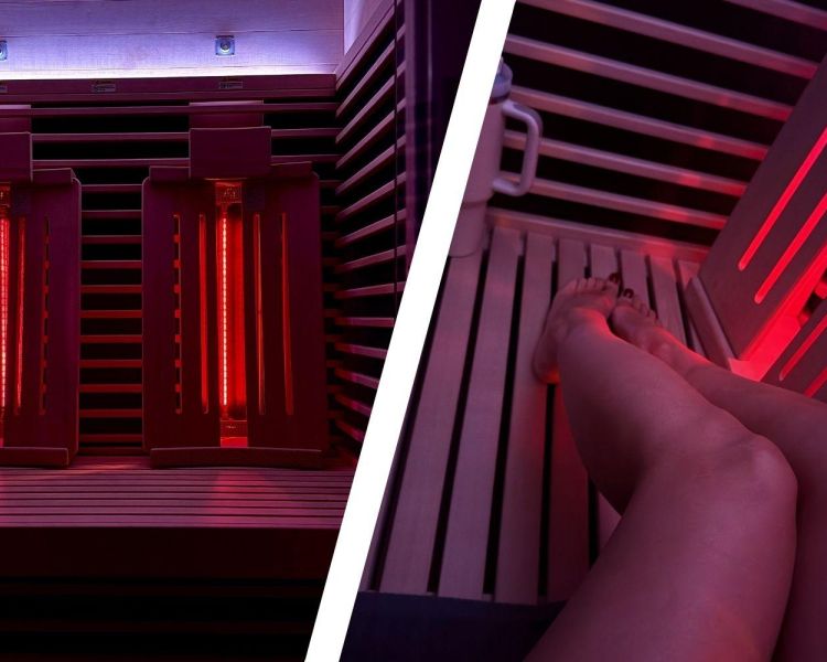 Split photo of an infrared sauna and a womans legs sitting in sauna at thriyv clinic in manchester