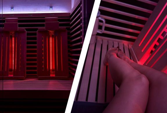 Split photo of an infrared sauna and a womans legs sitting in sauna at thriyv clinic in manchester