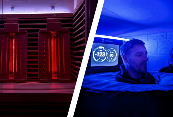 Split photo of the infrared sauna and cryotherapy treatment at thriyv clinic in manchester