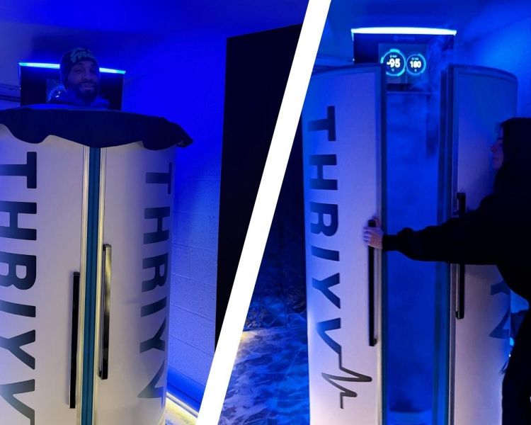 Split photo showing man in cryotherapy chamber and opening the chamber at thriyv clinic in manchester