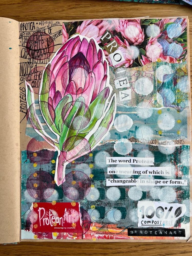 a sketchbook page covered in cut our paper, letters and paint done on a journaling workshop