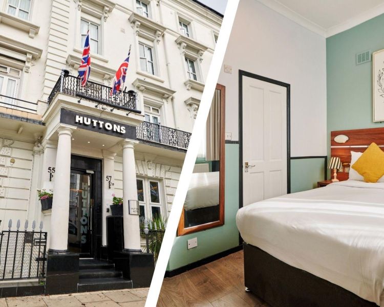 Split photo showing the front of huttons hotel in london and a double room