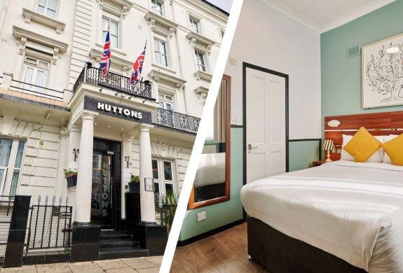 Split photo showing the front of huttons hotel in london and a double room