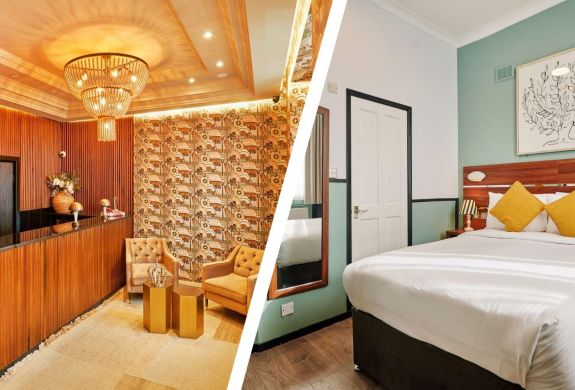 Split photo showing the lobby of huttons hotel in london and a double room