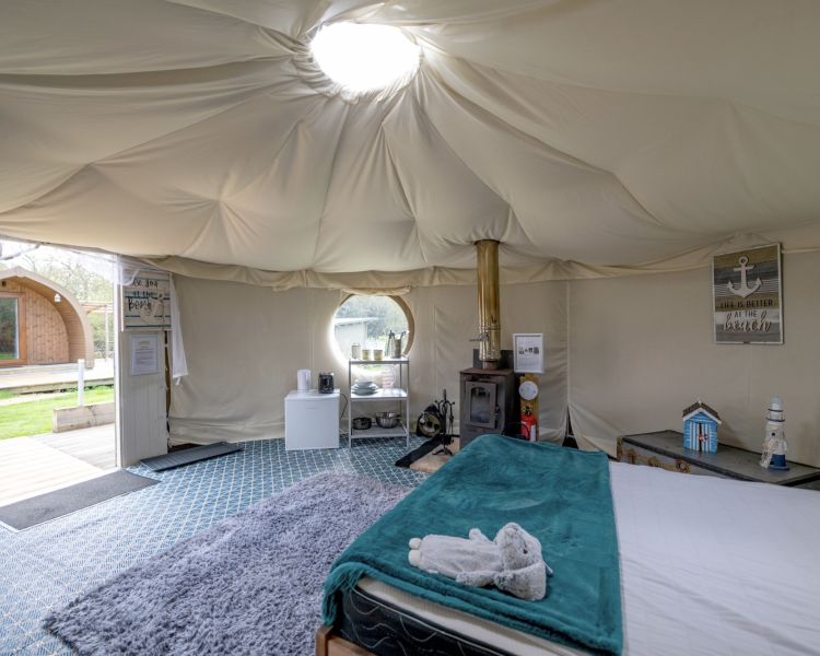 inside the yurt at back of beyond glamping in dorset