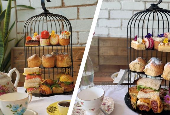 Split photo showing the types of afternoon tea at the pudding pantry