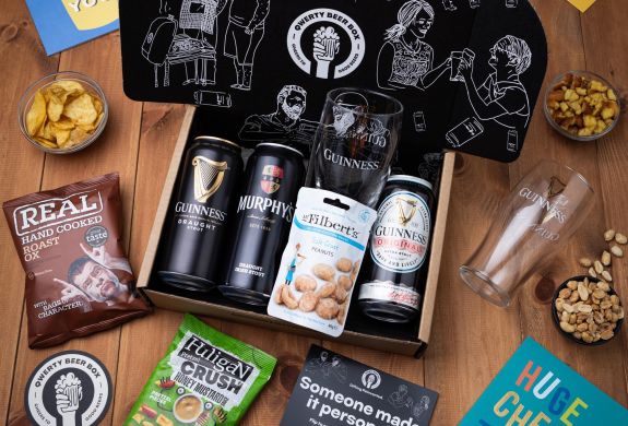 Irish stout beer gift box with snacks and guinness glass