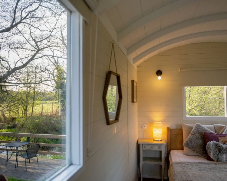 inside the shepherd hut at back of beyond glamping in dorset