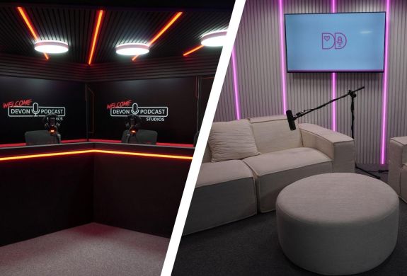 Split photo showing two different podcast studios