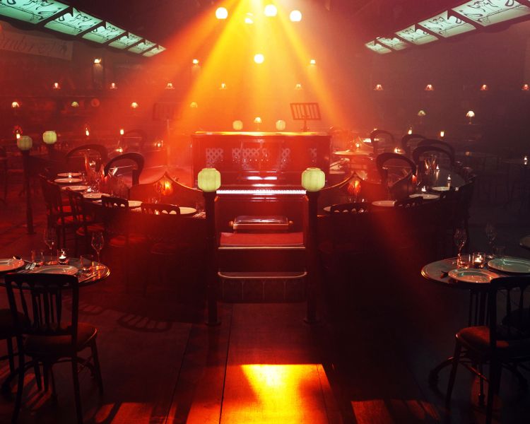 interior of the chat noir venue with stage and seating