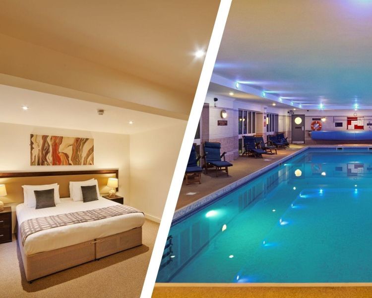 Split photo showing double room and swimming pool at the barn hotel and spa in grantham