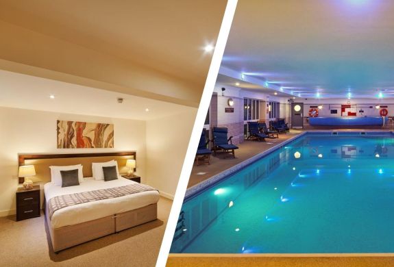 Split photo showing double room and swimming pool at the barn hotel and spa in grantham
