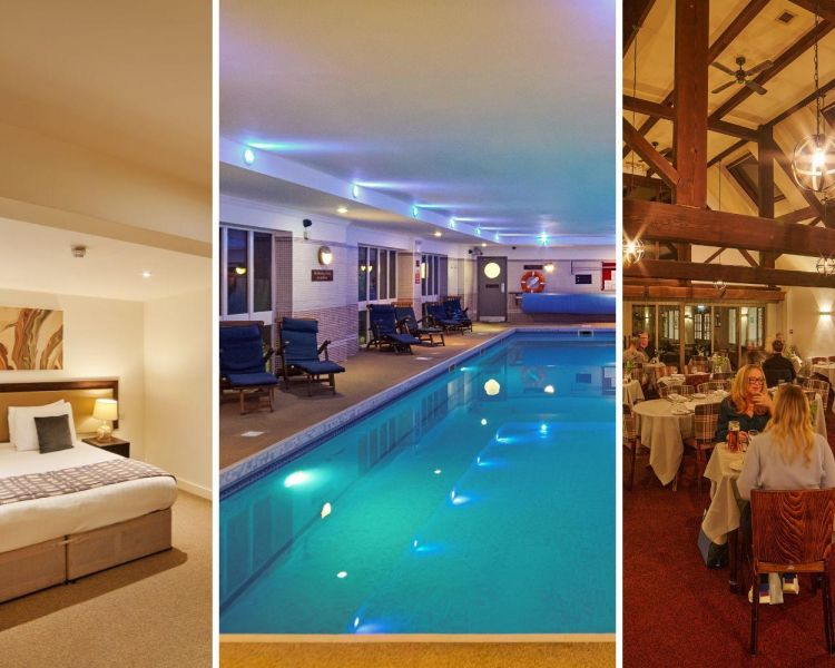 Split photo showing a double room and swimming pool and restaurant at the barn hotel and spa in grantham