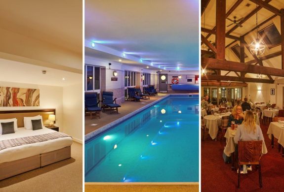 Split photo showing a double room and swimming pool and restaurant at the barn hotel and spa in grantham