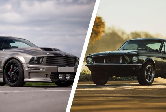 Split photo showing a ford mustang bullitt and ford eleanor mustang