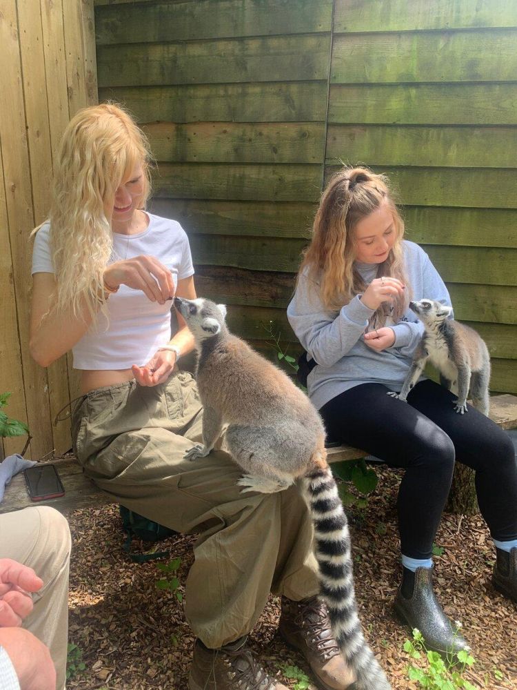 two girls on a lemur experience at exotic zoo in telford
