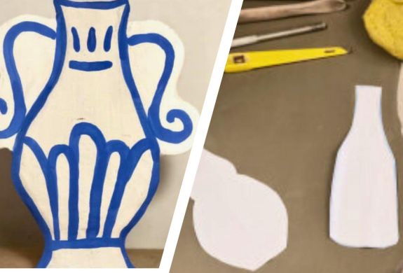 Split photo showing a finished flat ceramic vase and the work in progress