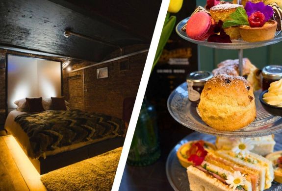 Split photo showing basement room and afternoon tea at impossible york