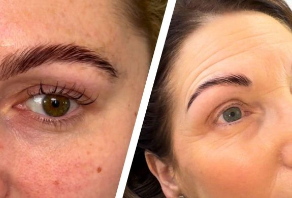 Split photo showing ladies with brow lamination and korean lash lift treatments