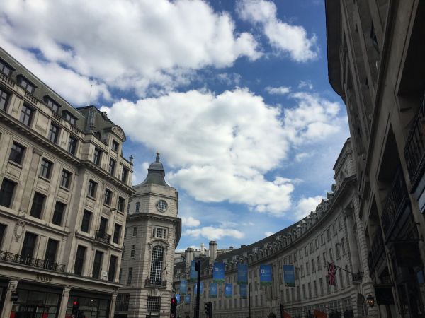 city buildings against a cloudy blue sky