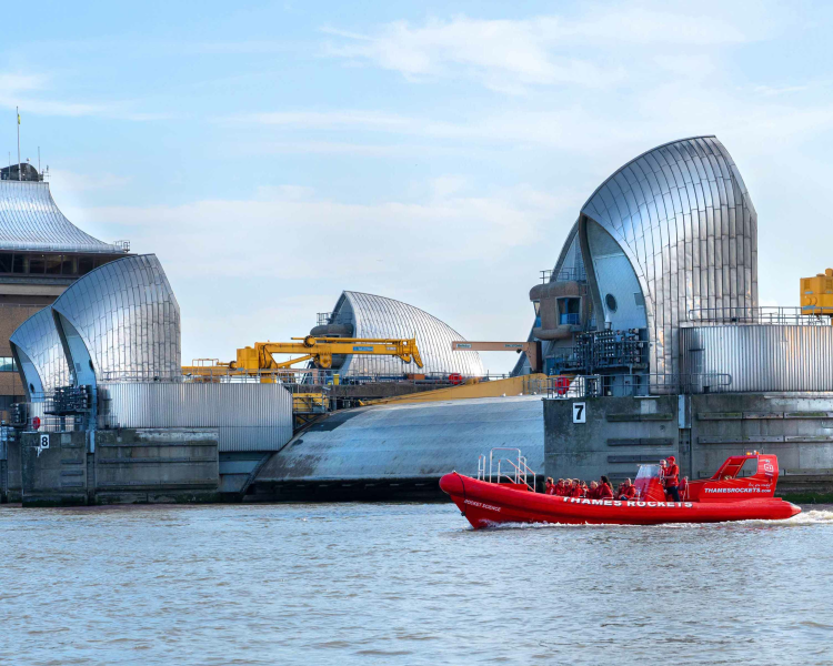 the thames barrier seen on a break the barrier 45 minute thames rockets speedboat experience