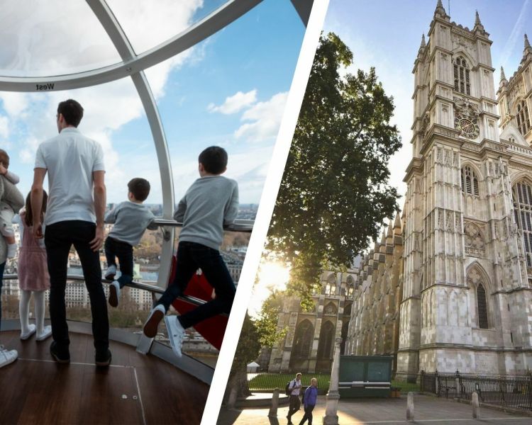 split photo of people in a london eye pod looking at views and the front of westminster abbey in london