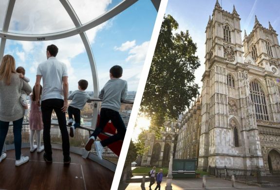 split photo of people in a london eye pod looking at views and the front of westminster abbey in london