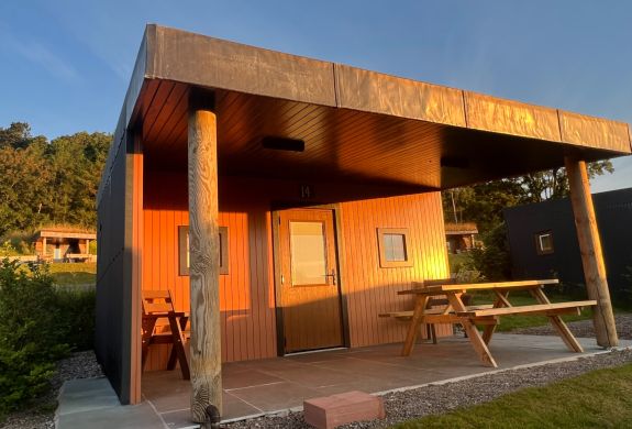 the front of the wooden glamping hut in the lake district
