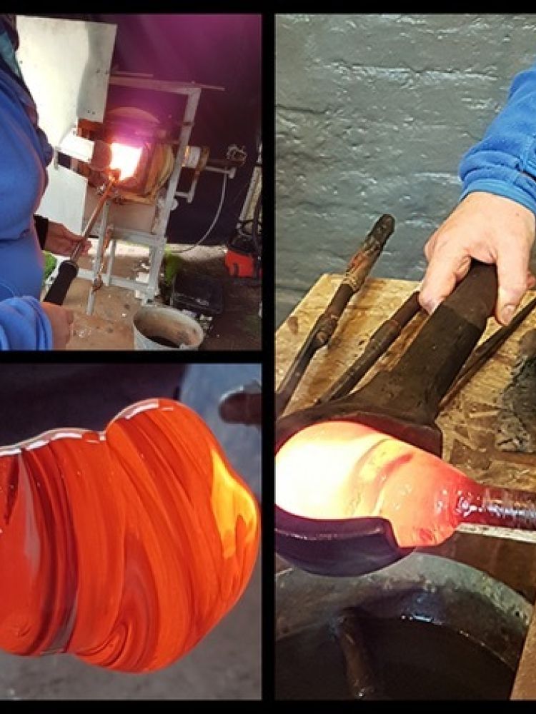 a collage of images showing the glassblowing process