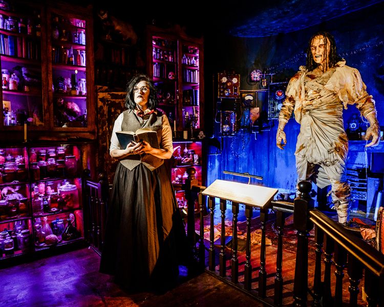 exhibit at the house of frankenstein in bath showing a laboratory and model of frankenstein