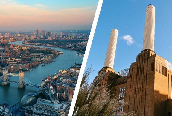 Split photo showing the london skyline and the battersea power station where lift 109 is located