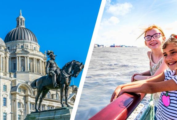Split photo showing to young girls on a liverpool river cruise and a liverpool street scene