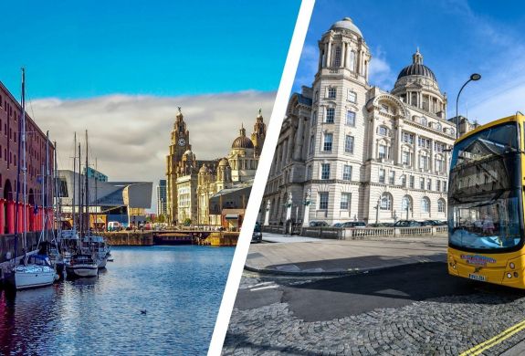Split photo showing the albert docks in liverpool and a sightseeing tour bus on a liverpool street