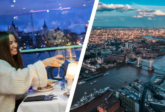 Split photo showing the Jazz Dinner River Cruise a Skyview of London