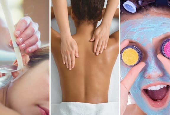 Split photo showing an ear candle treatment body massage and facial treatment