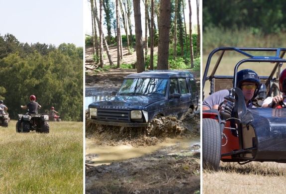 A split photo showing Quad Biking 4 X4 Off Roading and Apache Rally Car on the Multi Action Experience Half Day