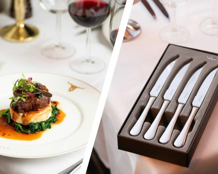 Split photo of steak meal at the london steakhouse company and a boxed set of steak knives