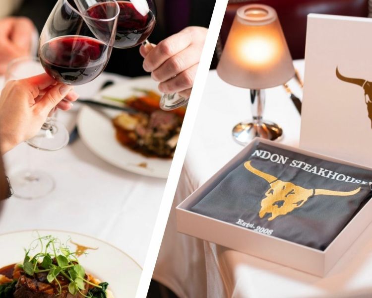 Split photo of two people clinking wine glasses over a steak meal at the london steakhouse company and a boxed branded apron