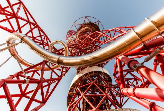 a view looking up to the top of the zip world helix at the queen elizabeth olympic park in london